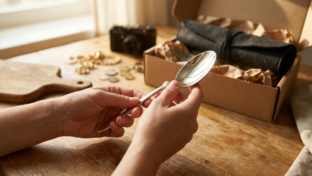 Woman holding a polished solid silver tablespoon up to the light