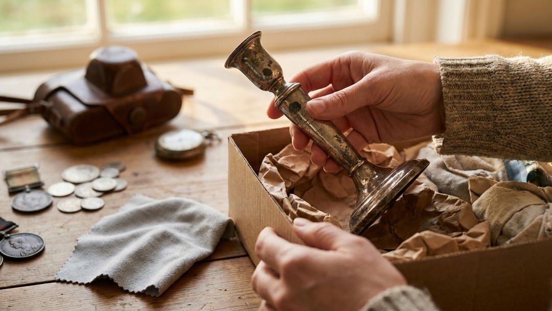 Tarnished silver candlestick with dark tarnish spots being lifted from a table