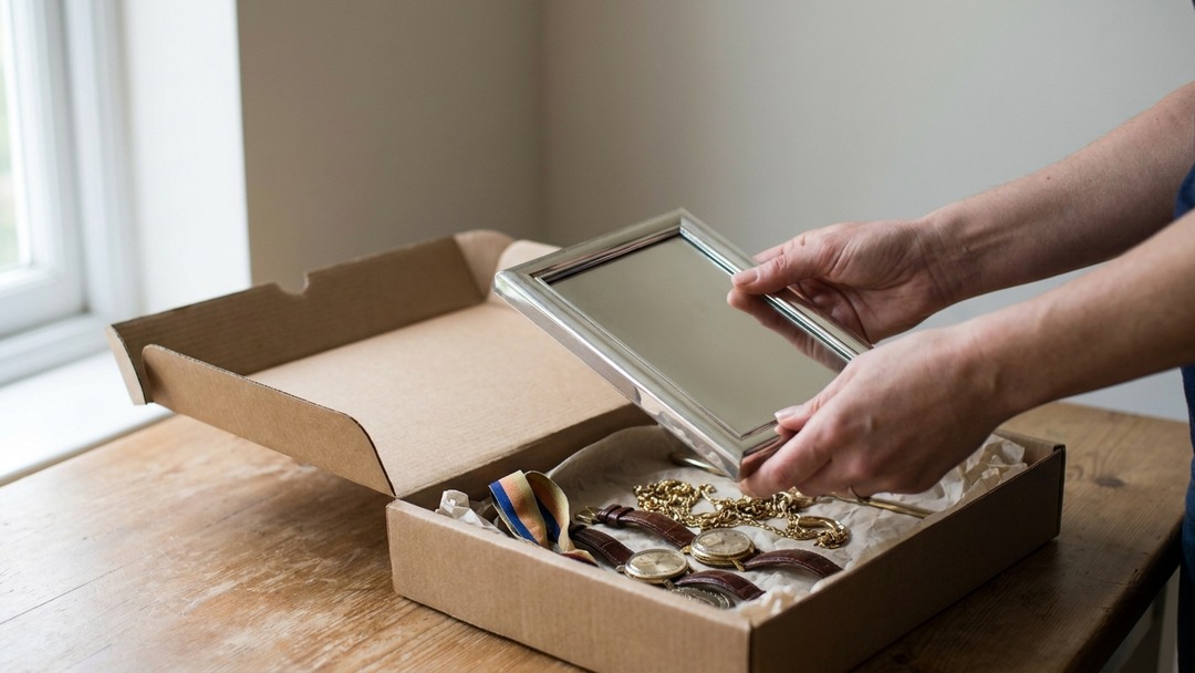 Silver photo frame being packed into a box with gold chains and watches