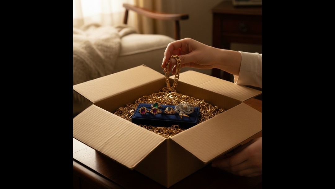 Gold chain necklace held over a postage box filled with gold rings