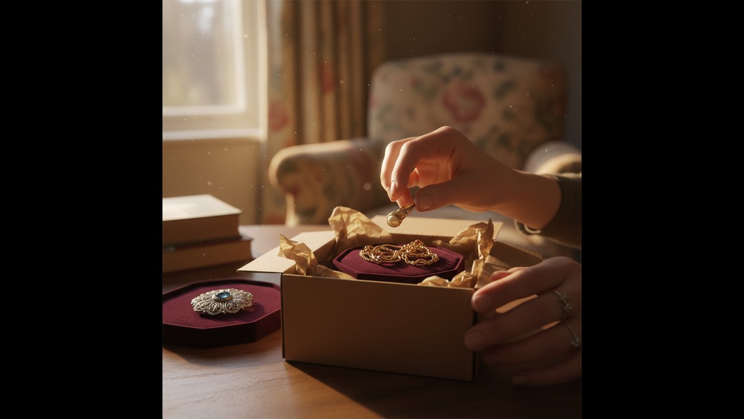 Hand lifting a gold ring from a velvet tray next to an open postage box