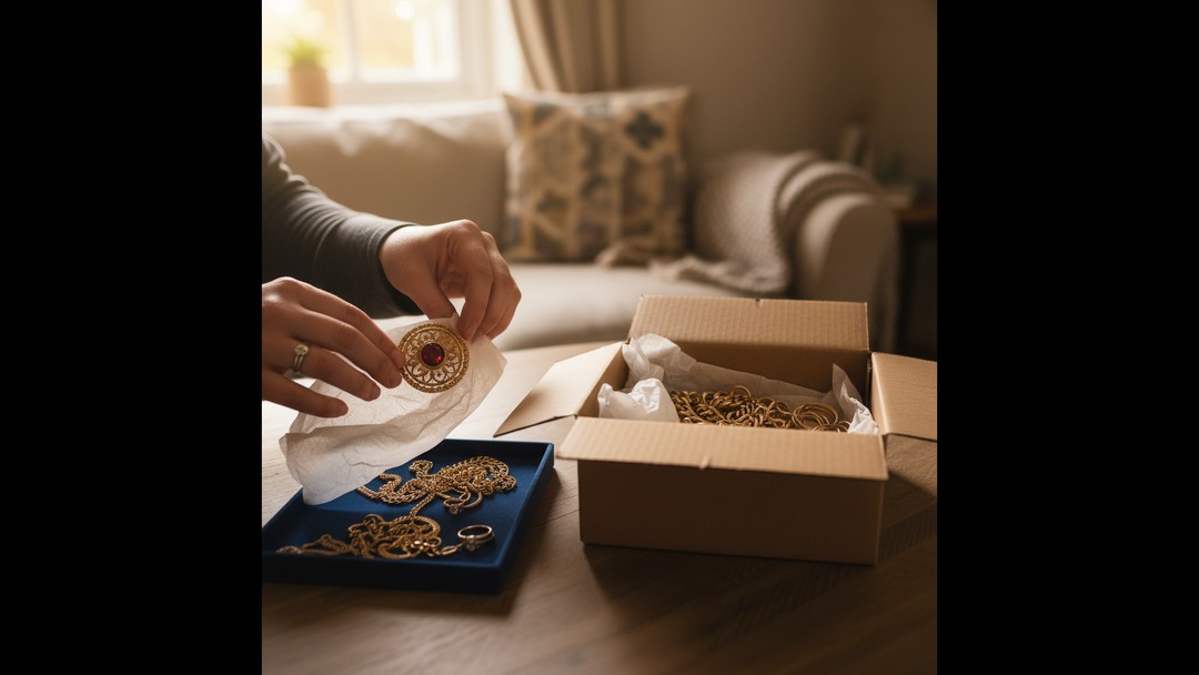 Hands wrapping a vintage gold brooch in tissue paper beside an open postage box
